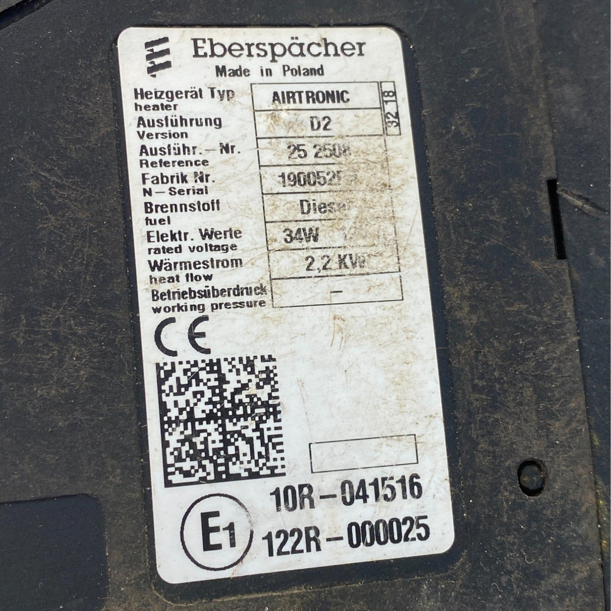10R-041516 Genuine Eberspacher Diesel Bunk Heater - Second Truck Parts