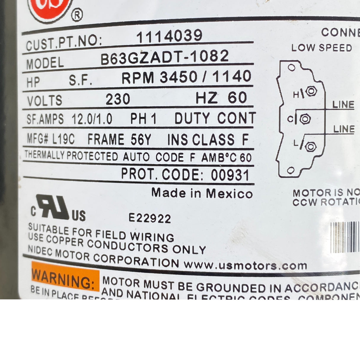1114039 Genuine US Motors SPA Motor B63Gzadt-1082 Model - Second Truck Parts