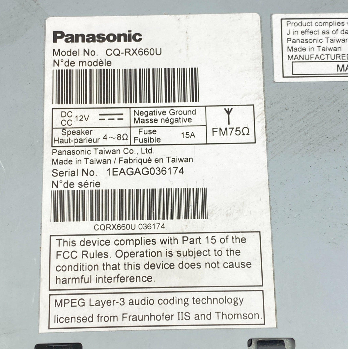 CQ-RX660U Genuine Panasonic Radio CD/MP3/WMA - Second Truck Parts