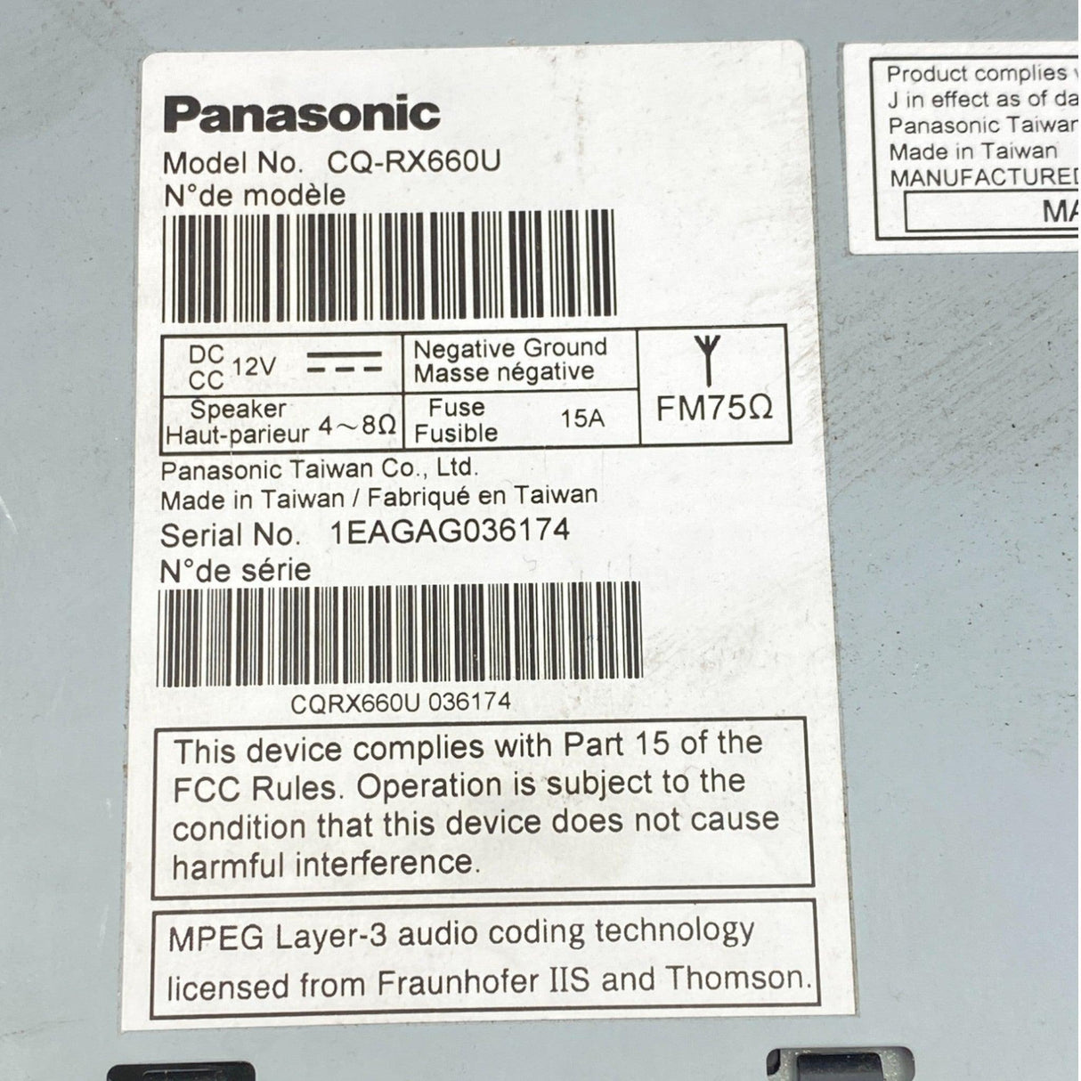 CQ-RX660U Genuine Panasonic Radio CD/MP3/WMA - Second Truck Parts