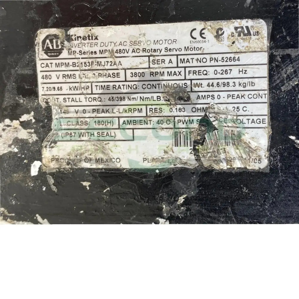 MPM-B2153F-MJ72AA Genuine Allen Bradley AC Rotary Servo Motor - Second Truck Parts